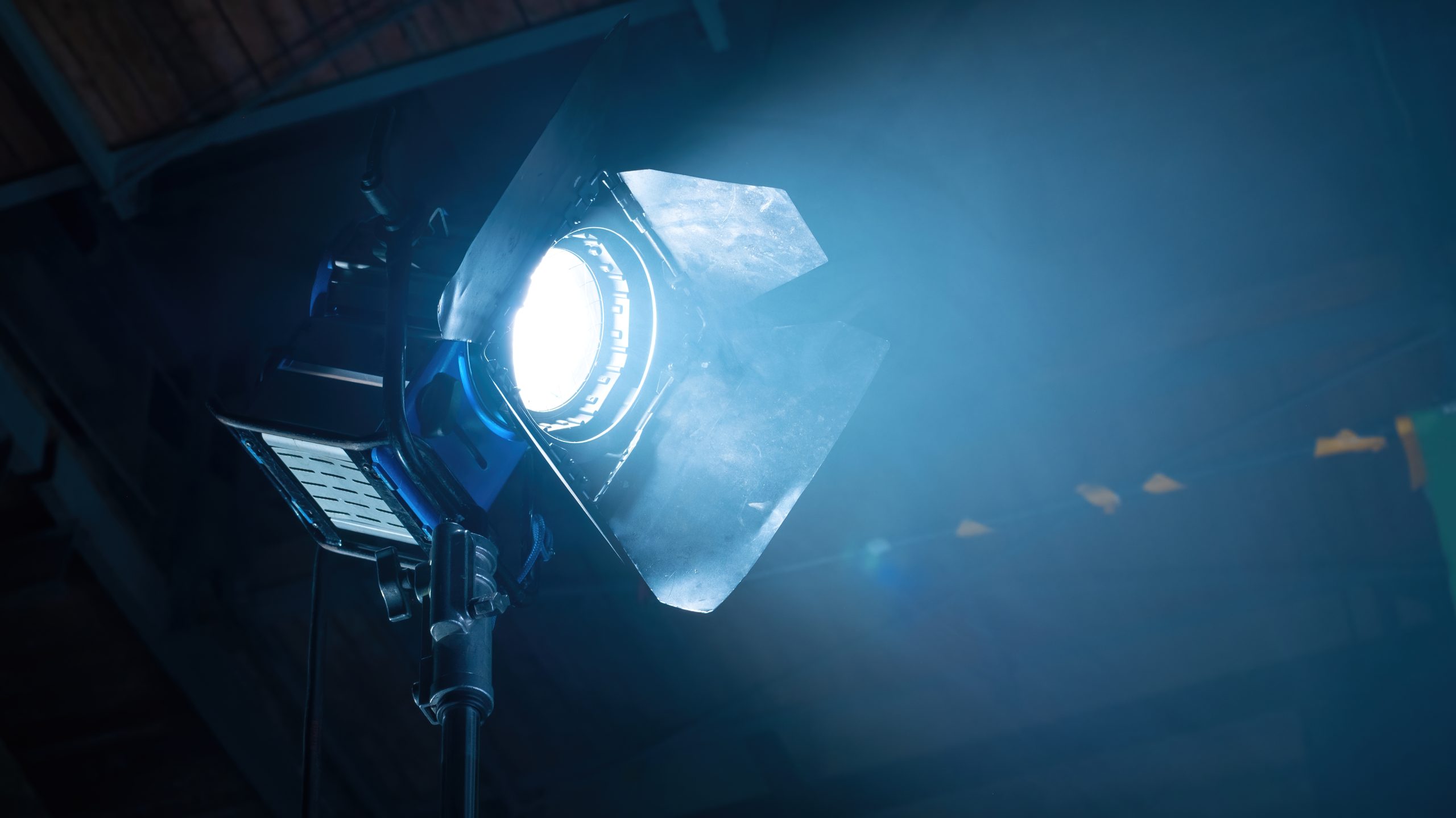 Professional lighting equipment on the movie set with smoke in the air