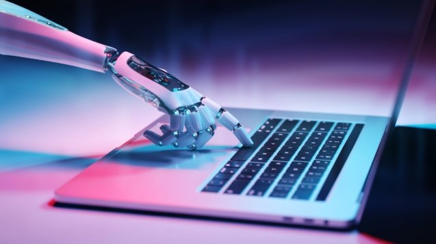 Robotic cyborg hand pressing a keyboard on a laptop 3D rendering